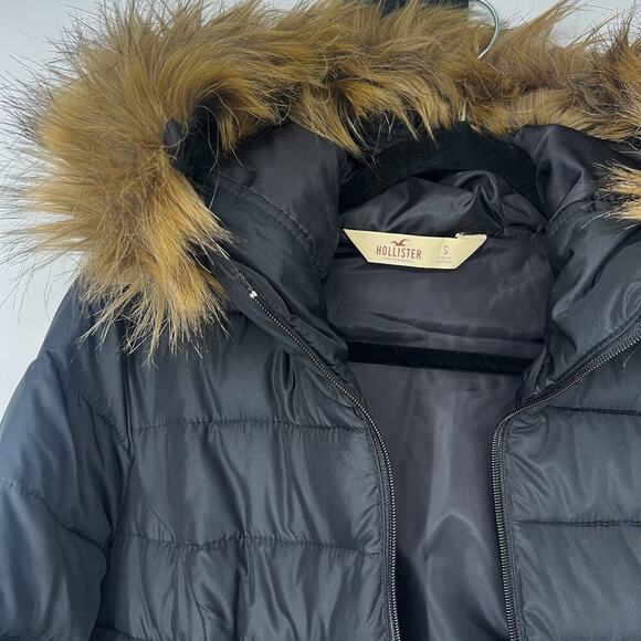 Hollister Long Black Hooded Puffer Coat Faux Fur Trim Winter Jacket Size Women S - Picture 4 of 9